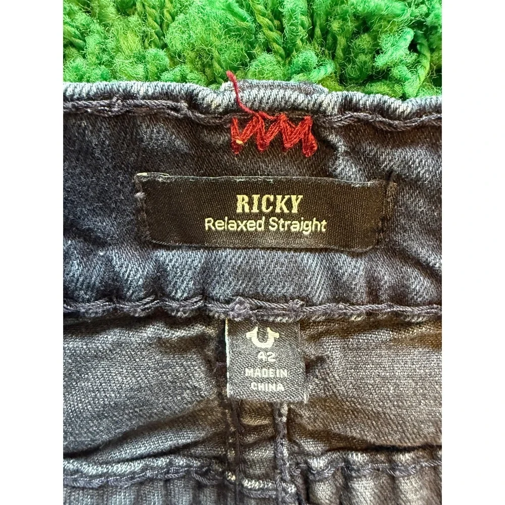 True Religion Geno Jeans Mens 42 Black Excellent Red Stitch Straight Leg Denim